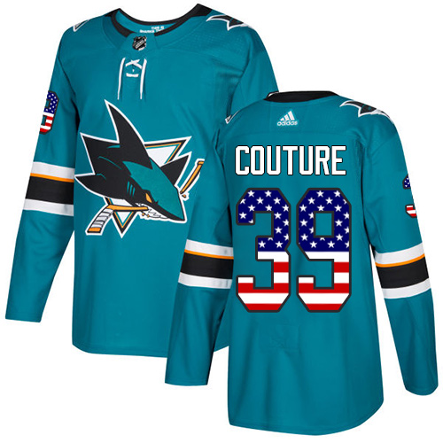 Adidas Sharks #39 Logan Couture Teal Home Authentic USA Flag Stitched NHL Jersey - Click Image to Close